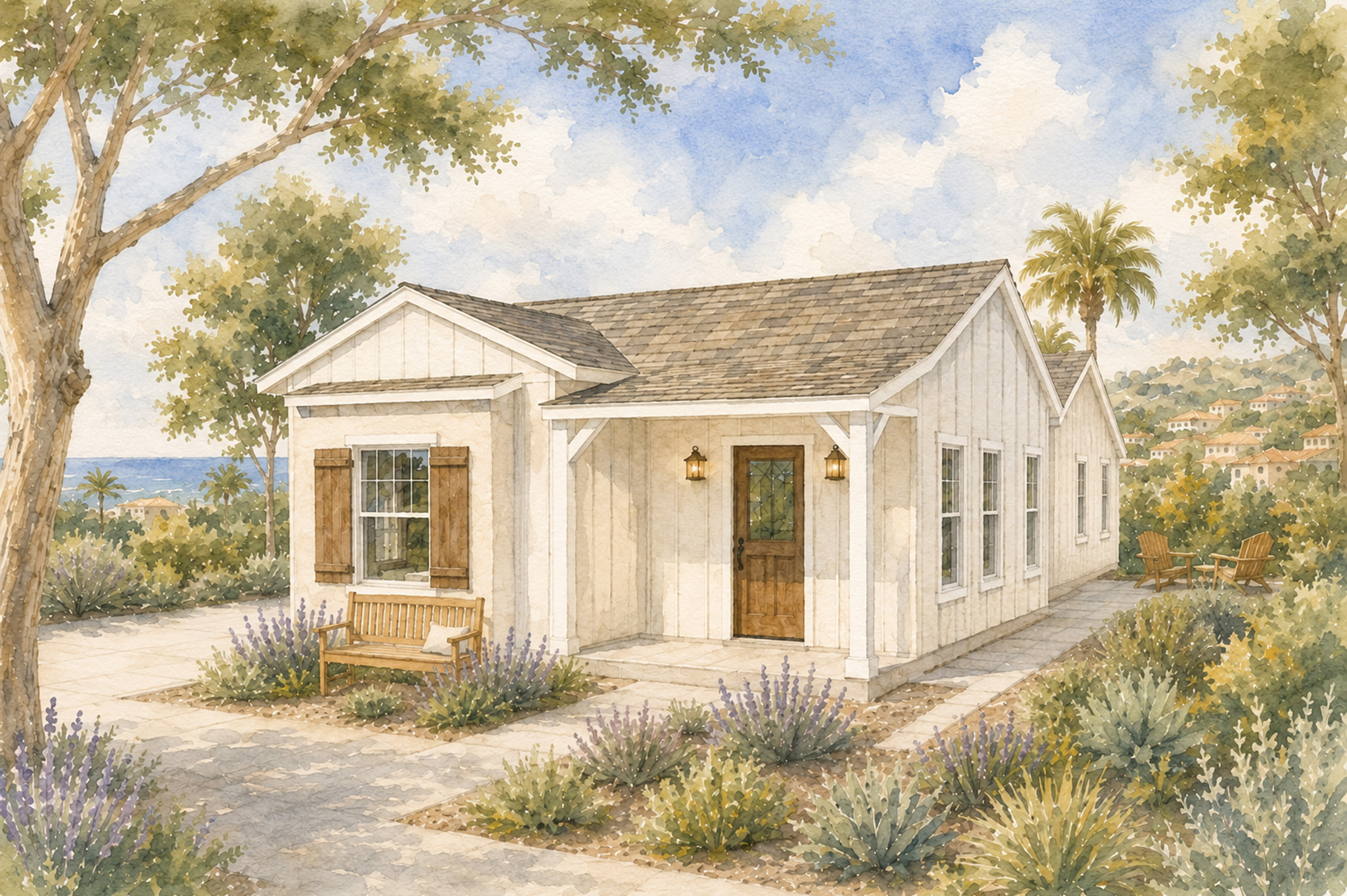 SFH005 The Billy Rendering: Illustration of a small white house with a gray roof, wooden shutters, and a brown door. Trees and mountains are in the background under a blue sky.