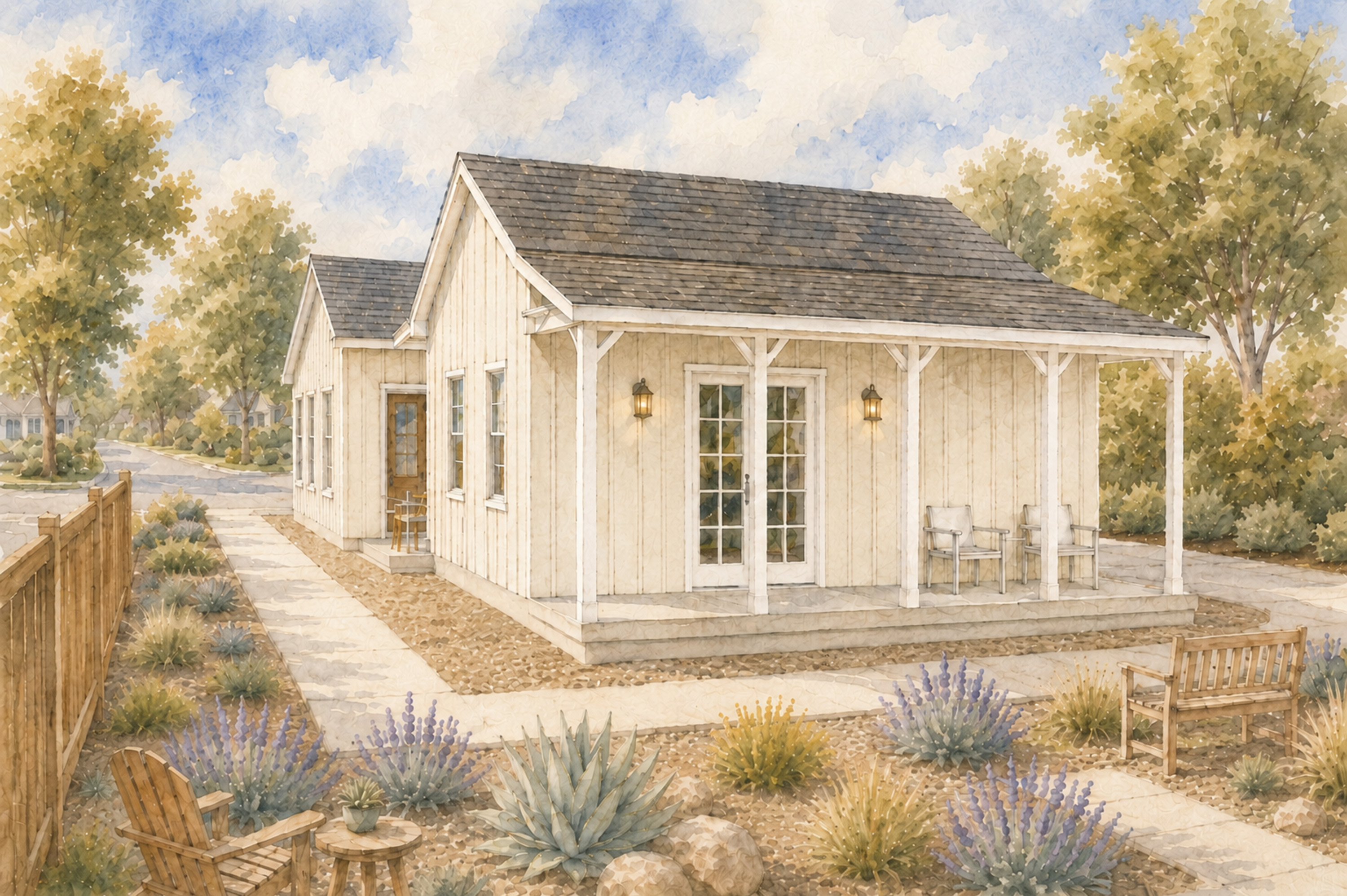 SFH005 The Billy Rendering: Illustration of a small white house with a gray roof, wooden shutters, and a brown door. Trees and mountains are in the background under a blue sky.