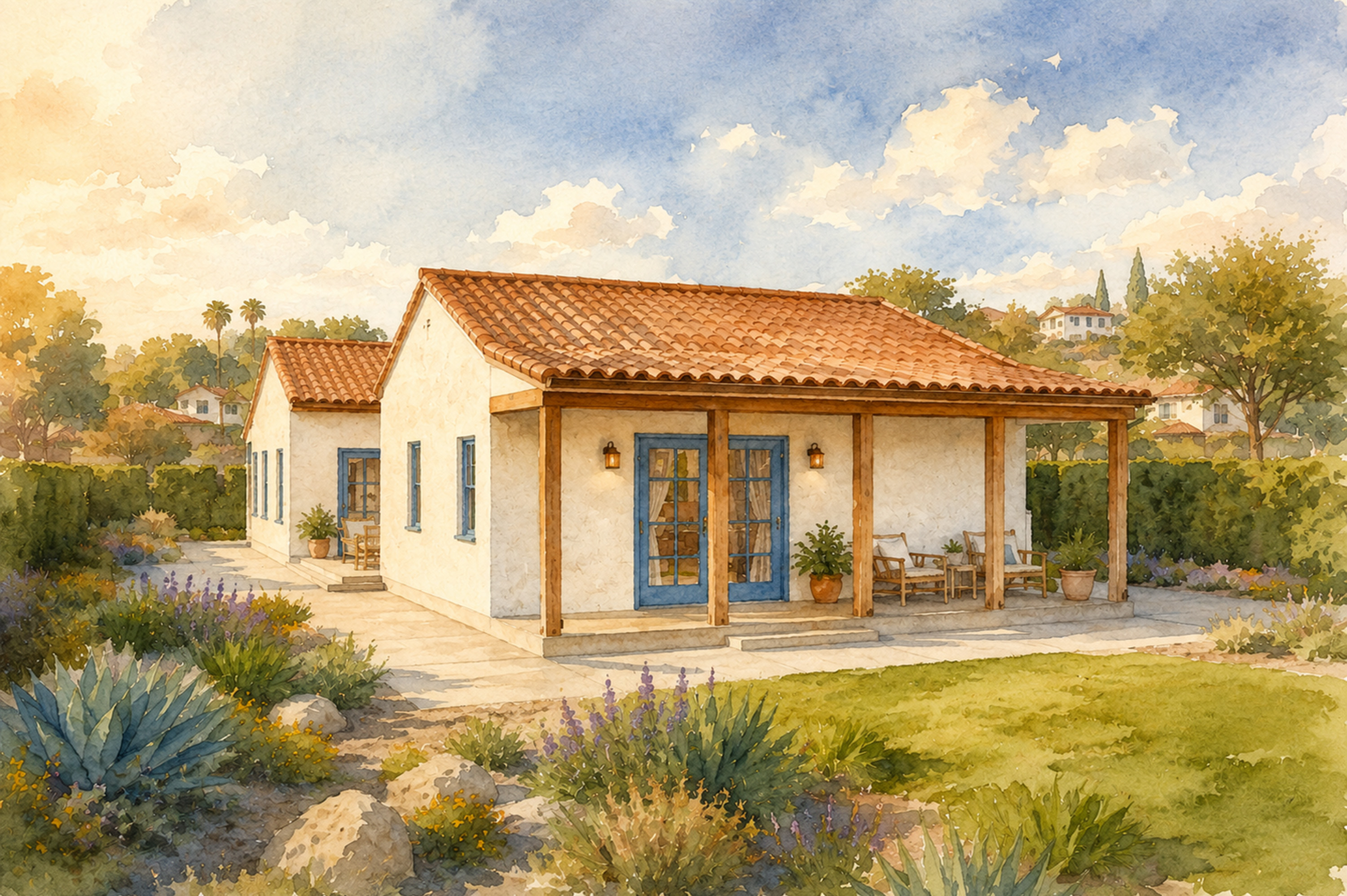 SFH005 The Billy Rendering: Illustration of a small white house with a gray roof, wooden shutters, and a brown door. Trees and mountains are in the background under a blue sky.