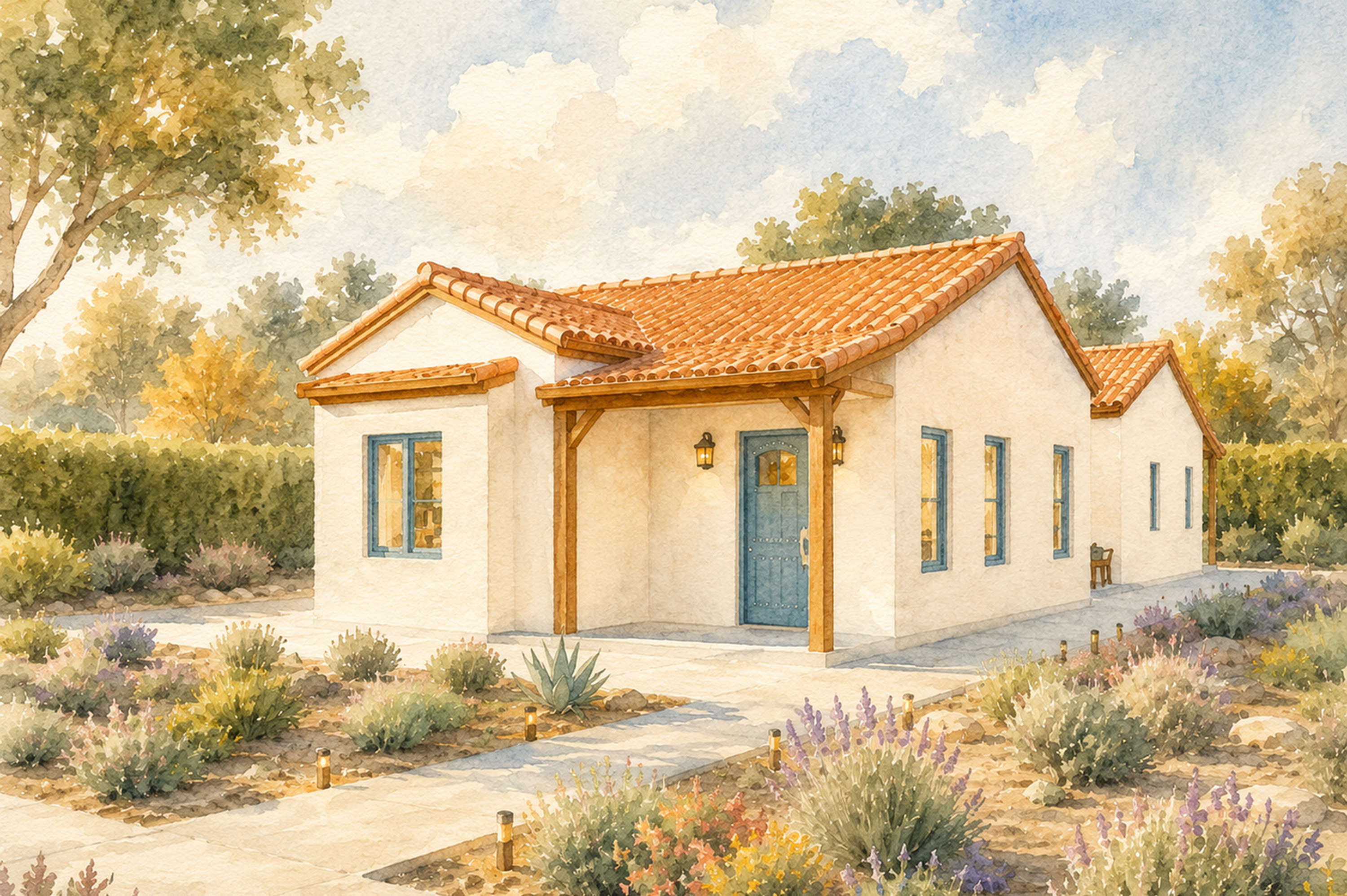 SFH005 The Billy Rendering: Illustration of a small white house with a gray roof, wooden shutters, and a brown door. Trees and mountains are in the background under a blue sky.